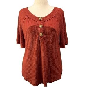 Heyson Waffle Texture Rust/Terracotta 3-Botton Short Sleeve Hi-Lo Top Size-L NWT